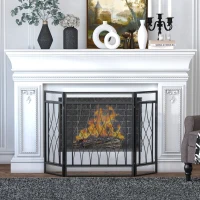 HOMCOM Pantalla Protectora de Chimenea Plegable de 3 Paneles con Bisagras y Estructura de Metal Decorativa 126x3x80 cm Negro(m-7)
