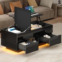 Lift-Top Coffee Table with App-Controlled RGB LED Lights, High-Gloss Center Table with Hidden Compartment, 100L x 45W x 43H cm, Black(m-1)