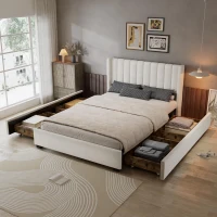 Upholstered Double Bed with Soft Padded Headboard, Practical Storage Bed with Smooth Castors, 200L x 142W x 118.5H cm, Beige(m-1)