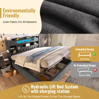Upholstered Linen Bed Frame with Ambient LED Lighting, 4ft6 Double Bed with Hydraulic Under-Bed Storage, 213L x 143W x 115H cm, Grey(m-5)