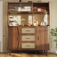 Rattan-Look Front Sideboard with Smooth-Running Glass Sliding Doors, Space-Saving Storage Cabinet with 3 Drawers, 140L x 40.5W x 174.5H cm, Walnut(m-7)