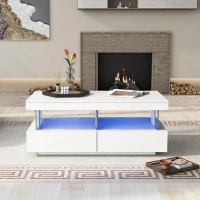 High-Gloss LED Coffee Table with App-Controlled Lights, Modern Center Table with Sleek Contemporary Design, 100L x 60W x 49.5H cm, White(m-1)
