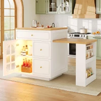 Extendable Kitchen Island with LED Colour Lighting, Space-Saving Dining Bar with 4 Drawers and Open Shelf, 195.5L x 70W x 93.5H cm, White(m-1)