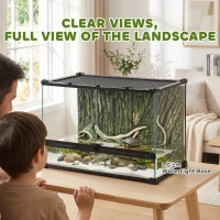 PawHut Reptile Glass Terrarium with Stone Background, Front Ventilation, Escape-Proof Knob Lock, 50 x 30 x 35 cm, Black(m-7)