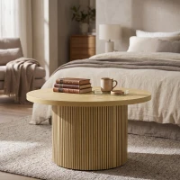 HOMCOM Masă de cafea rotundă din lemn, masă de living cu picior canelat, stil modern, aspect lemn natural(m-6)