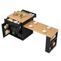 Extendable Kitchen Island with Storage and MDF Top, Space-Saving Dining Bar with Built-In Wine Rack, 195.5L x 70W x 94H cm, Black(m-10)