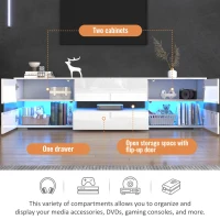 High-Gloss LED TV Cabinet with App-Controlled LED Lighting, Modern TV Stand with 2 Open Shelves, 160L x 38W x 50.5H cm, White(m-8)