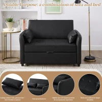 2-Seater Pull-Out Sofa Bed with 3-Level Adjustable Backrest, Space-Saving Convertible Bed with Metal Structure, 121L x 83W x 82H cm, Black(m-6)