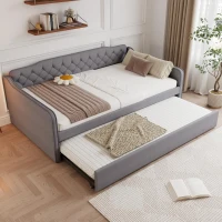 Space-Saving Upholstered 4ft6 Double Daybed with Pull-Out Trundle, Versatile Sofa Bed with Thick Foam Padding, 202L x 139.5W x 81.5H cm, Grey(m-1)