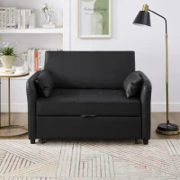 2-Seater Pull-Out Sofa Bed with 3-Level Adjustable Backrest, Space-Saving Convertible Bed with Metal Structure, 121L x 83W x 82H cm, Black(m-1)