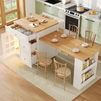 Extendable Kitchen Island with LED Colour Lighting, Space-Saving Dining Bar with 4 Drawers and Open Shelf, 195.5L x 70W x 93.5H cm, White(m-8)