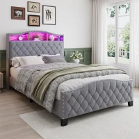 Upholstered 4ft6 Double Bed with Built-in Bedside Storage, Sturdy Storage Bed with Colourful LED Light Strip, 210L x 140.5W x 124H cm, Grey(m-6)