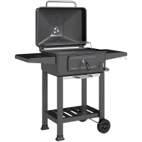 Outsunny Grelhador de Carvão com Bandeja e Ventilação Ajustável Prateleiras Laterais Rodas Termómetro Tampa e Porta 112x63x101,5 cm Preto(m-11)