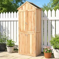 Outsunny Armario de Exterior de Madera con Techo Inclinado Asfalto 4 Puertas y 2 Estantes Extraíbles 82x50x190 cm Natural(m-9)