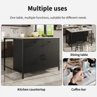 Standing Bar Table with Marble-Effect MDF Top and Solid Iron Legs, Marble Kitchen Island Table with Adjustable Shelves, 100L x 90W x 90H cm, Black(m-5)