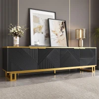 Modern TV Cabinet with 4 Geometric Embossed Doors and Open Top Shelf, Spacious TV Stand with Hidden Storage, 160L x 37.5W x 48H cm, Black(m-1)