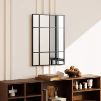 HOMCOM Miroir mural verrière rectangulaire style fenêtre, horizontal ou vertical avec 4 crochets, en métal noir - 50x70 cm(m-11)
