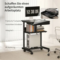 HOMCOM Roll-Schreibtisch mit Schublade und Regalen, 4 Räder, kompakt, Spanplatte, Metall(m-4)