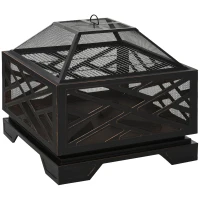 Outsunny Feuerschale mit Funkenschutz, Grillrost, Schürhaken, quadratisch, Stahlgehäuse, schwarz, 66 x 66 cm(m-1)