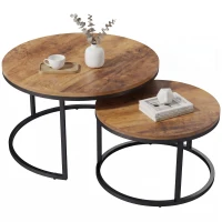 HOMCOM Rundes Couchtisch-Set, 2-teilig, Industrielle Beistelltische mit Metallrahmen für Wohnzimmer und Schlafzimmer, Braun(m-11)