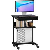 HOMCOM Roll-Schreibtisch mit Schublade und Regalen, 4 Räder, kompakt, Spanplatte, Metall(m-12)