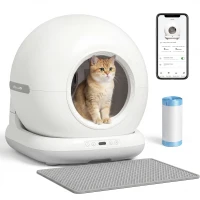 PawHut Litieră auto-curățabilă pentru pisici 72L, Purificare dublă, Control prin aplicație, Protecție de siguranță, 58,1x47,5x53cm, Alb(m-8)