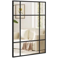 HOMCOM Miroir mural verrière rectangulaire style fenêtre, horizontal ou vertical avec 4 crochets, en métal noir - 50x70 cm(m-13)