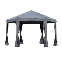 Outsunny 3.8m x 3.2m Pop Up Gazebo Hexagonal Canopy Tent Outdoor Sun Protection with 6 Mesh Sidewalls, Hand Bag, Grey(m-10)