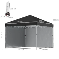 Outsunny Opvouwbare paviljoen met 2 zijwanden, verstelbare hoogte, inclusief draagtas, roestvrij stalen frame, 3x3 m, Zwart(m-3)