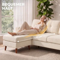 HOMCOM Ecksofa 192 cm L-Form 3-Sitzer Sofa mit umkehrbarer Chaiselongue, Cord-Optik, für kleinen Raum, Cremeweiß(m-7)