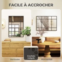 HOMCOM Miroir mural verrière rectangulaire style fenêtre, horizontal ou vertical avec 4 crochets, en métal noir - 50x70 cm(m-5)