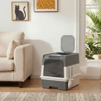 PawHut Caja de Arena para Gatos con Tapa Entrada Bandeja Deslizante Pala Bolsitas Desodorizantes 48x35x36 cm Gris(m-2)