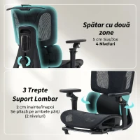 HOMCOM Scaun de Birou Ergonomic din Plasă cu Cotiere, Tetieră, Spătar Reglabil, Funcție Legănare, Negru(m-5)