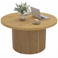 HOMCOM Runder Couchtisch aus Holz, Wohnzimmertisch mit geripptem Fuß, moderner Stil, Naturholz-Optik(m-8)