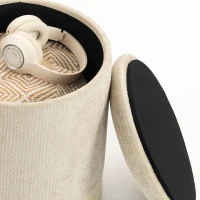 HOMCOM Pouf coffre rangement, tabouret rond en chenille, pouf repose-pieds avec base en métal effet bois, beige(m-10)