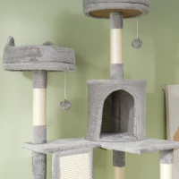 PawHut hoher Kratzbaum 206 cm mit 4 Sisal-Kratzsäulen, Höhlen, Körben, Hängematten, für 1-3 Kätzchen 6 kg, Hellgrau(m-5)