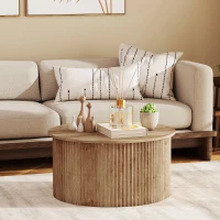 HOMCOM Höhenverstellbarer Couchtisch, Wohnzimmertisch mit verstecktem Fach und Soft-Close Klappplatte, Naturholz(m-5)