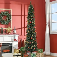 HOMCOM verschneiter Slim-Weihnachtsbaum mit 624 Zweigen, abnehmbare und klappbare Basis, Ø56x225cm, Grün(m-2)