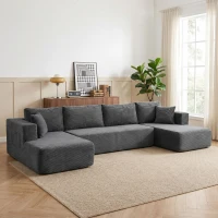 HOMCOM Modulares U-Sofa 4-Sitzer, 2 Ottomane, 2-Sitzer-Sofa, 6 Kissen, Ohne Montage, 369 x 152 x 78 cm, Grau(m-6)