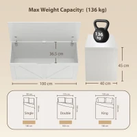 HOMCOM 127L Home Storage Box, with Safety Hinges - White Wood-Effect(m-3)