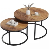 HOMCOM Rundes Couchtisch-Set, 2-teilig, Industrielle Beistelltische mit Metallrahmen für Wohnzimmer und Schlafzimmer, Braun(m-12)