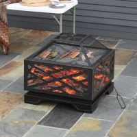 Outsunny Feuerschale mit Funkenschutz, Grillrost, Schürhaken, quadratisch, Stahlgehäuse, schwarz, 66 x 66 cm(m-10)