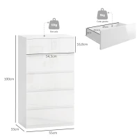 HOMCOM Cómoda com 5 Gavetas de Madeira Cómoda de Dormitório Cómoda Branca Estilo Moderno 55x33x80 cm Branco Brilhante(m-3)
