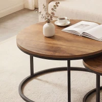 HOMCOM Rundes Couchtisch-Set, 2-teilig, Industrielle Beistelltische mit Metallrahmen für Wohnzimmer und Schlafzimmer, Braun(m-9)