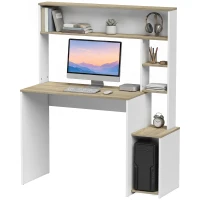 HOMCOM Computertisch, 114 x 45 x 138 cm, Schreibtisch mit Stauraum, offene Regale und CPU-Halter, Weiß und Holzdekor(m-8)
