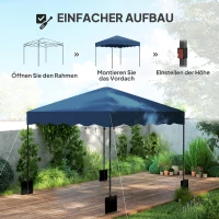 Outsunny 3 x 3 m Pop-up Paviljoen, Hoogteaanpasbaar Tuinpaviljoen, met RolTas, voor Tuin, Terras, Metaal, Stof, Donkerblauw(m-4)