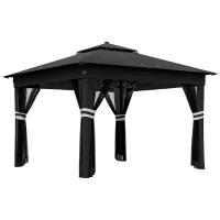 Outsunny 3.36 x 3.36m Pop Up Gazebo Party Tent with Solar-Powered LED Lights, Adjustable Event Shelter with Netting, Black(m-1)