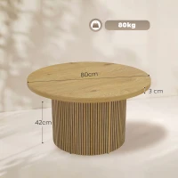 HOMCOM Runder Couchtisch aus Holz, Wohnzimmertisch mit geripptem Fuß, moderner Stil, Naturholz-Optik(m-3)