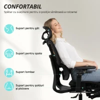 HOMCOM Scaun de Birou Ergonomic din Plasă cu Cotiere, Tetieră, Spătar Reglabil, Funcție Legănare, Negru(m-4)