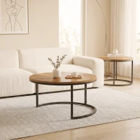 HOMCOM Rundes Couchtisch-Set, 2-teilig, Industrielle Beistelltische mit Metallrahmen für Wohnzimmer und Schlafzimmer, Braun(m-8)